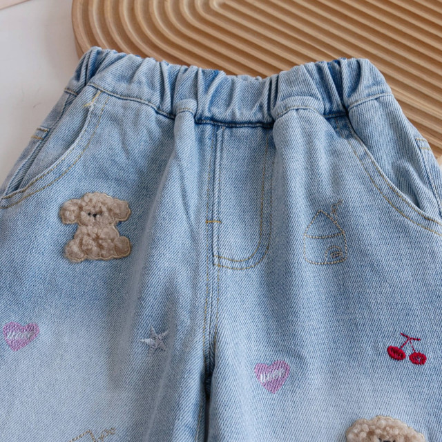 活力滿滿立體小狗刺繡牛仔褲
