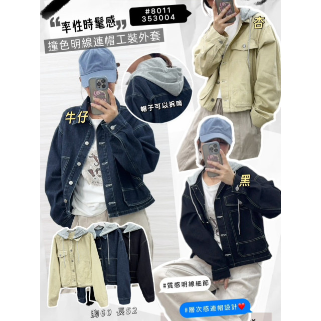 撞色明線連帽工裝外套