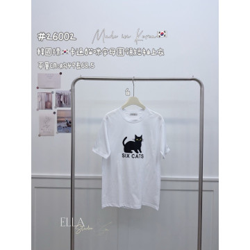 卡通貓咪字母圓領短袖上衣
