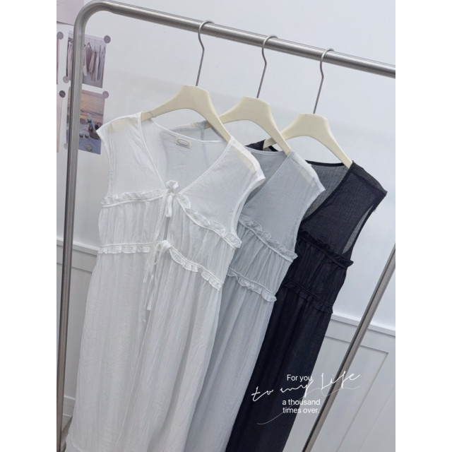 V領綁帶花邊造型罩衫背心長洋