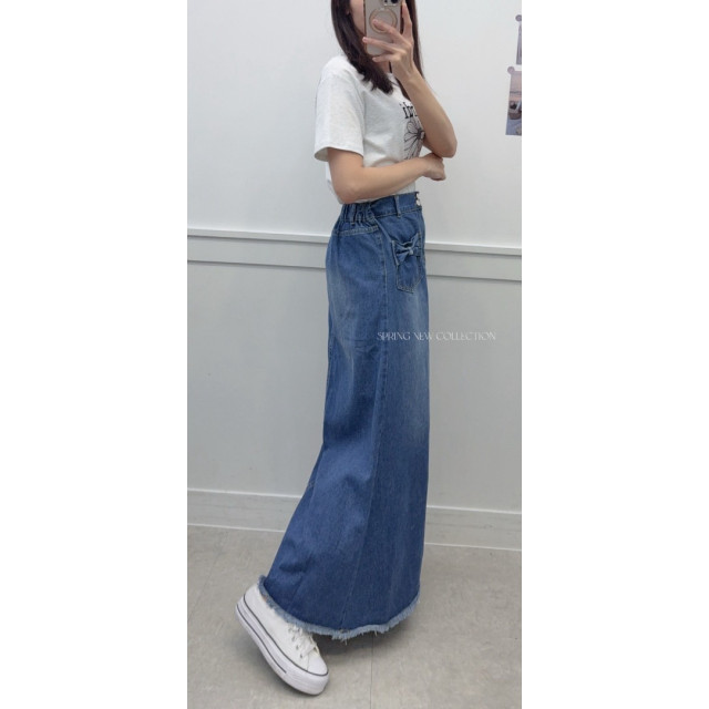 蝴蝶結雙口袋牛仔長裙