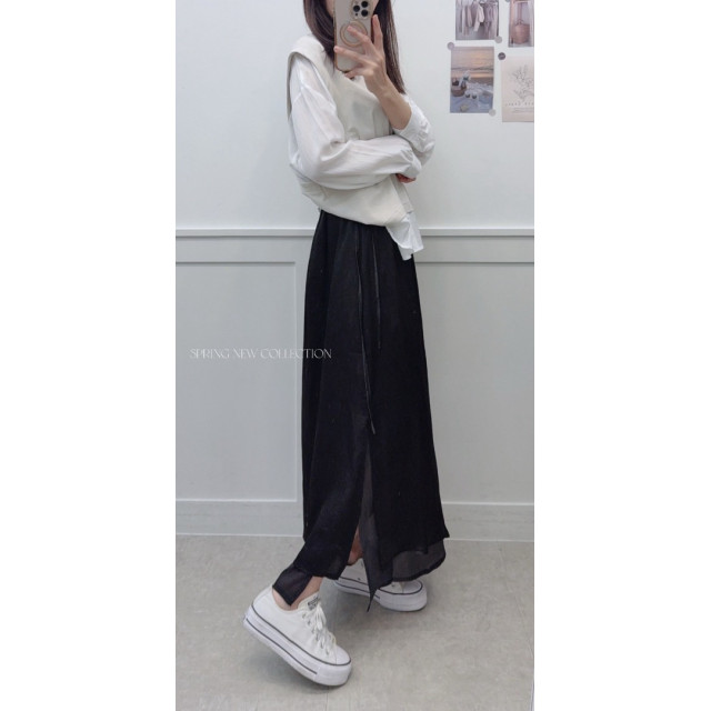 鬆緊腰綁帶雙層側開叉仙女長裙