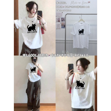 卡通貓咪字母圓領短袖上衣