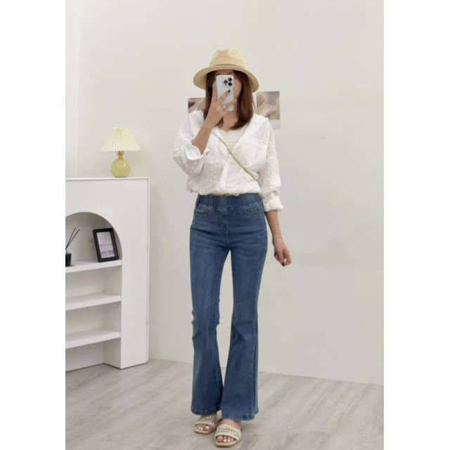 口袋愛心繡線彈力喇叭褲