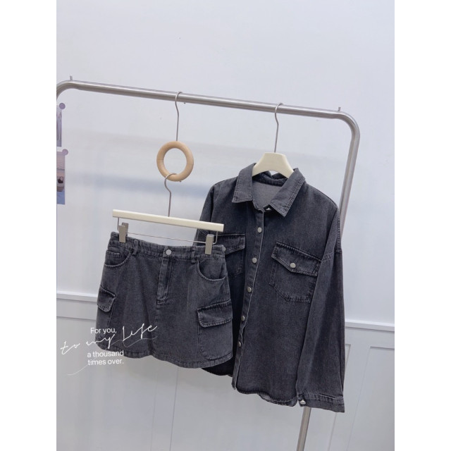 牛仔襯衫外套＋工裝短裙套裝