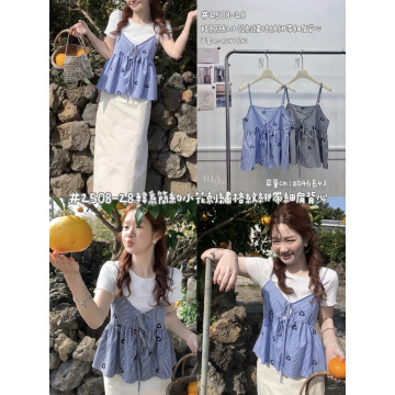 小花刺繡格紋綁帶背心