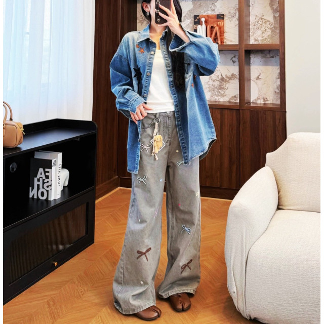 蝴蝶結刺繡牛仔寬褲