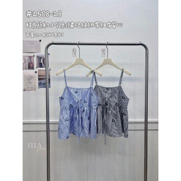 小花刺繡格紋綁帶背心