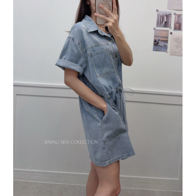 腰縮繩牛仔短洋裝