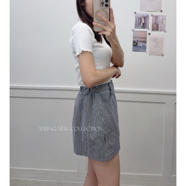 韓系歐膩！後鬆緊顯瘦直條紋修身防走光短裙
