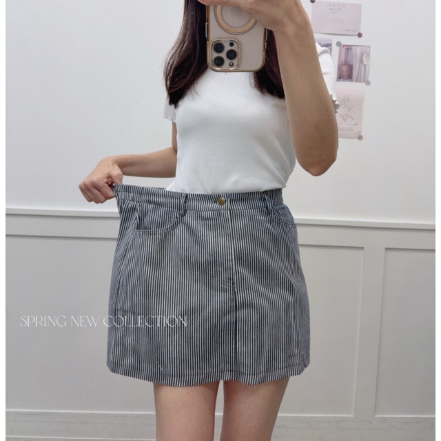 韓系歐膩！後鬆緊顯瘦直條紋修身防走光短裙
