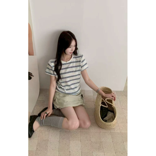 韓系簡約小狗銀標條紋圓領上衣