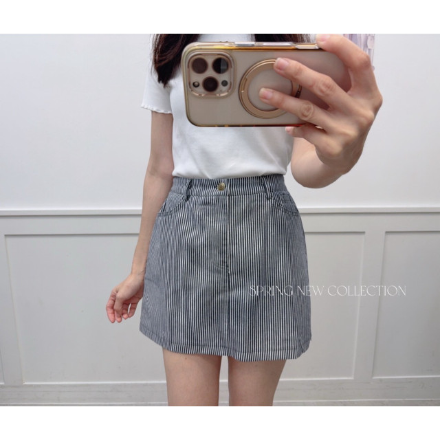 韓系歐膩！後鬆緊顯瘦直條紋修身防走光短裙