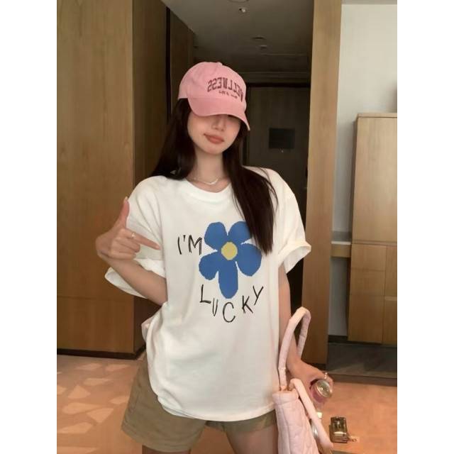 韓系花朵字母寬鬆大T