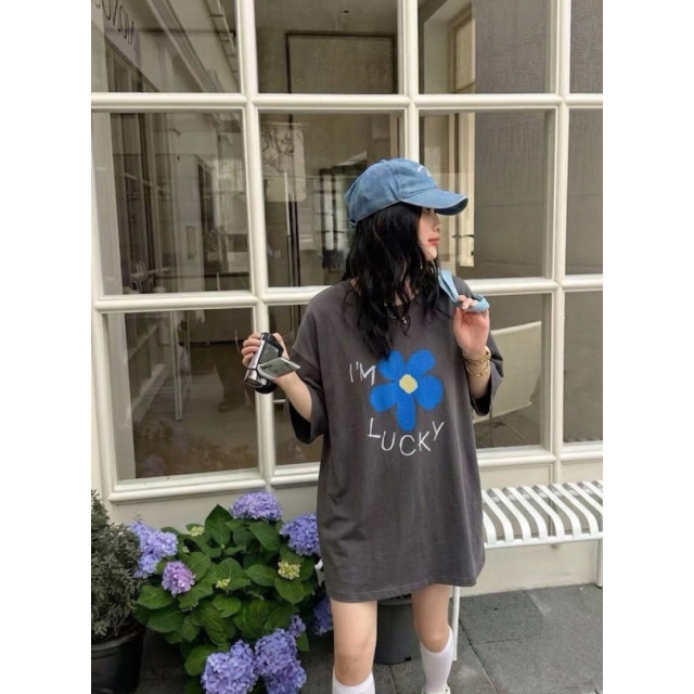 韓系花朵字母寬鬆大T