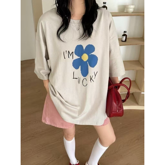 韓系花朵字母寬鬆大T