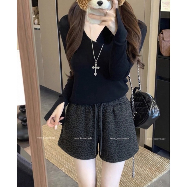 酷颯豹紋！韓版時髦高腰鬆緊抽繩修身顯瘦 A 字短褲