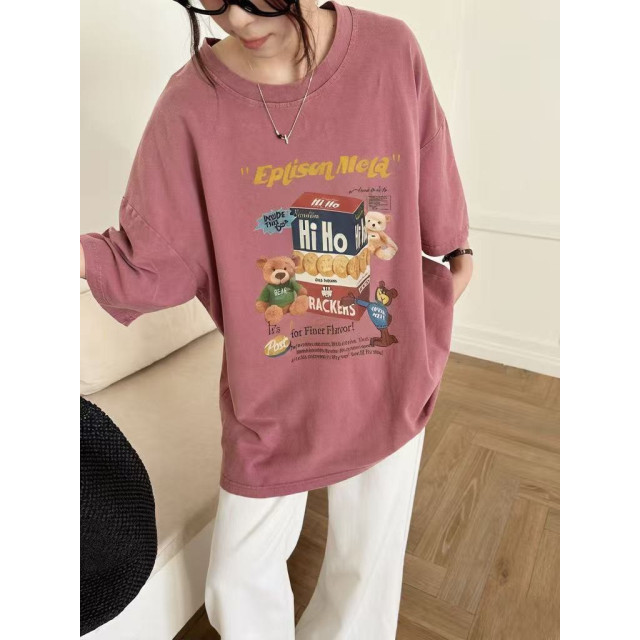 美翻小熊！韓系慵懶感字母塗鴉餅乾盒水洗棉寬鬆T