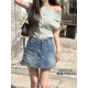 四釦薄牛仔褲裙