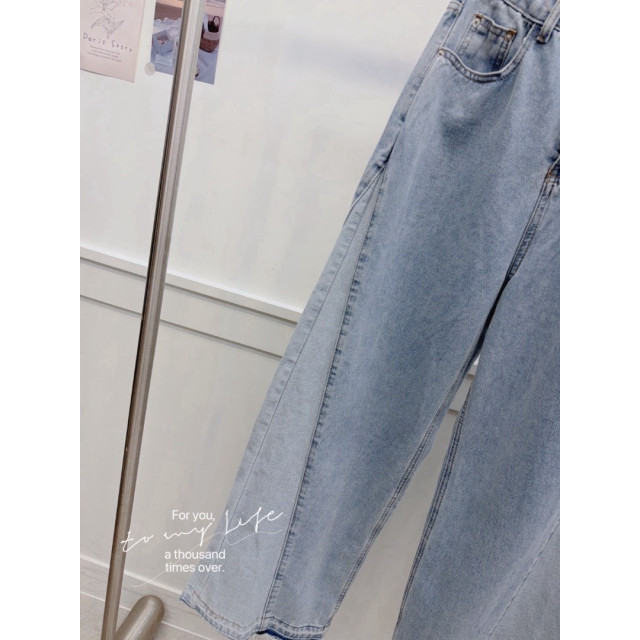 拼接刷色下鬚寬版牛仔長褲