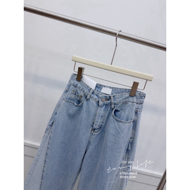 拼接刷色下鬚寬版牛仔長褲