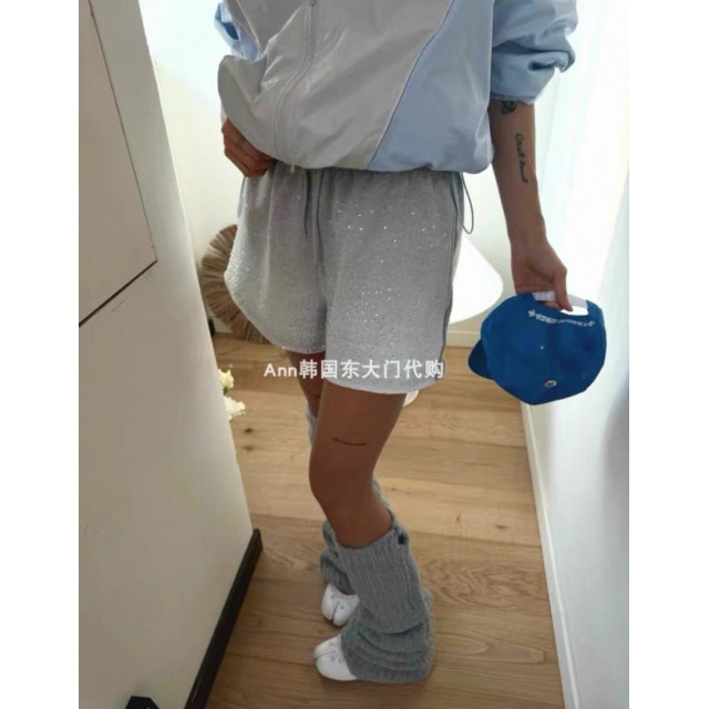 韓系有型鬆緊腰抽繩漸層感設計鑽鑽薄毛圈棉短褲