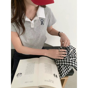 Polo領撞色刺繡短版上衣