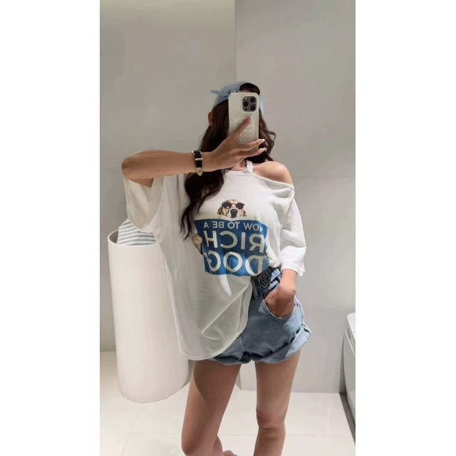 韓系可愛墨鏡狗讀報印圖單露肩寬鬆t
