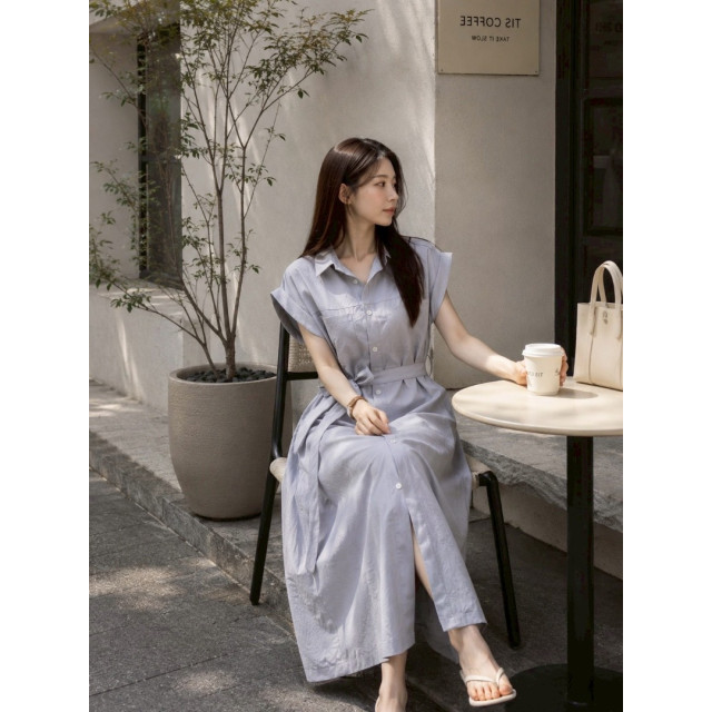 暮光漫步｜法式襯衫綁帶後開衩洋裝