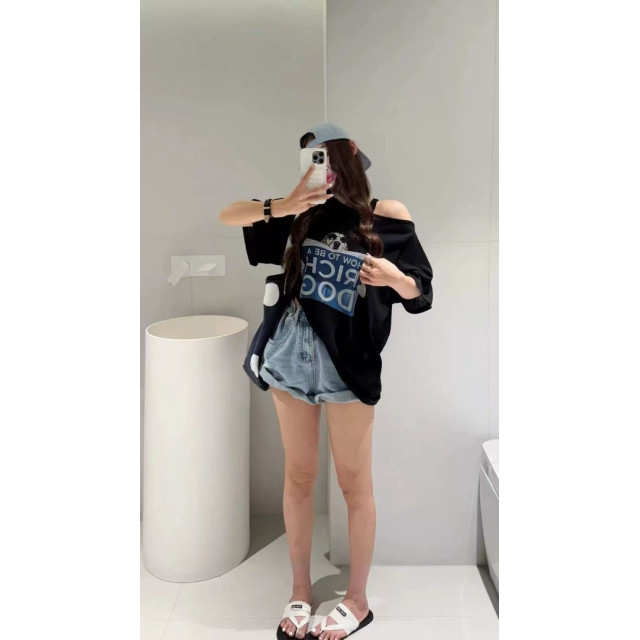韓系可愛墨鏡狗讀報印圖單露肩寬鬆t