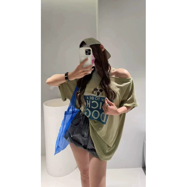 韓系可愛墨鏡狗讀報印圖單露肩寬鬆t