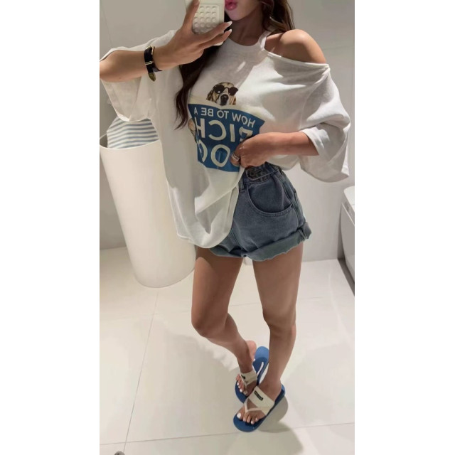 韓系可愛墨鏡狗讀報印圖單露肩寬鬆t