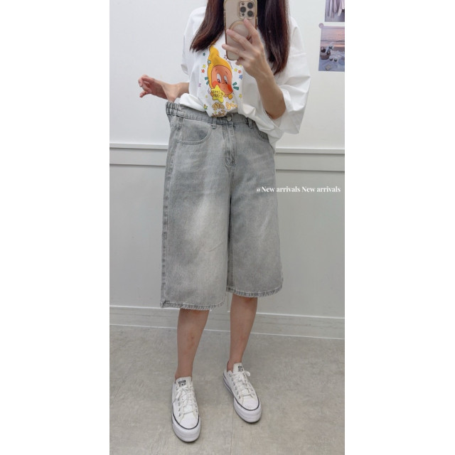 韓版率性有型後鬆緊刷色牛仔七分寬褲