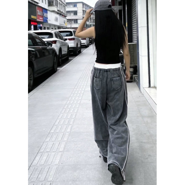 帥氣撞色滾邊水洗棉寬褲