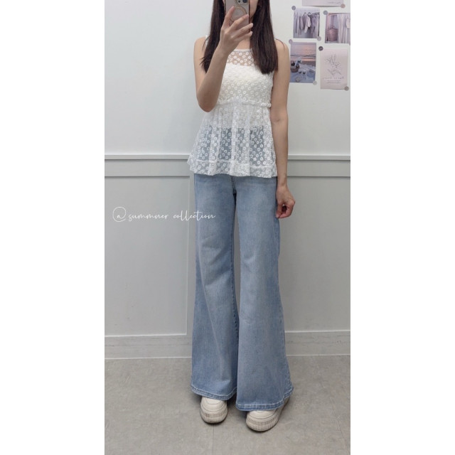 韓系小愛心刺繡簡約純色長腿彈力牛仔喇叭褲