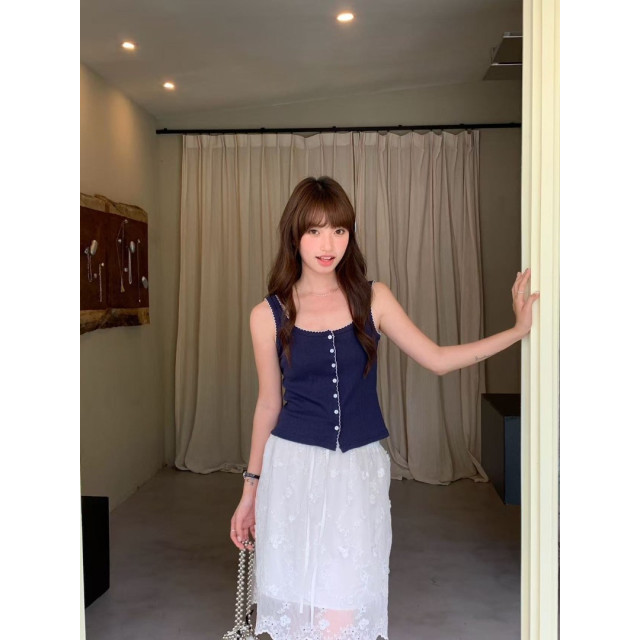 韓系甜美滾邊繡線排釦緹花布U領背心