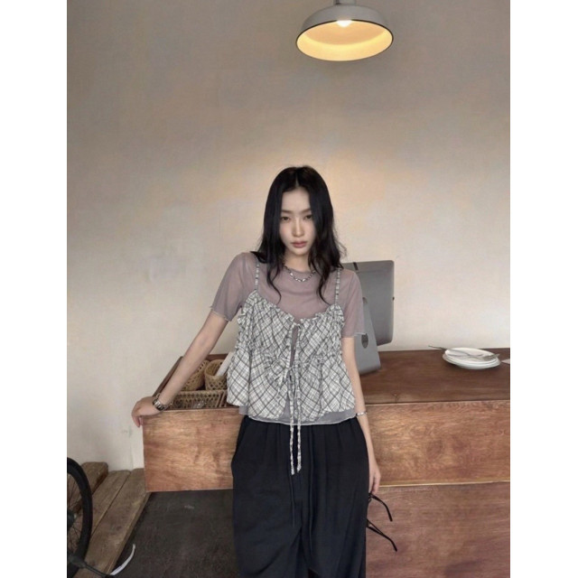 韓系甜美格紋綁帶背心+網紗上衣2件套