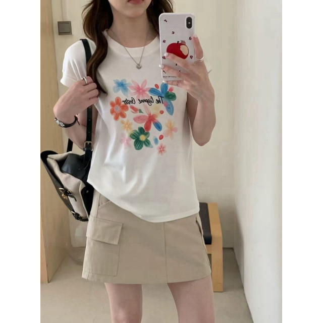 韓系彩墨植物印花圓領微袖涼爽上衣