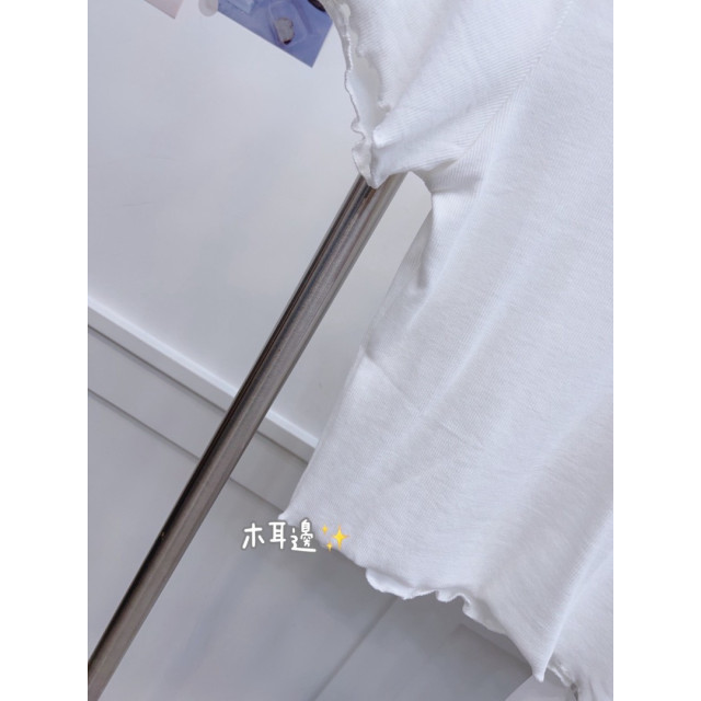 韓系領蝴蝶結木耳捲邊超彈性圓領上衣