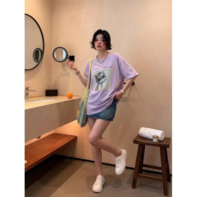 韓感墨鏡貓咪印花寬鬆落肩大T