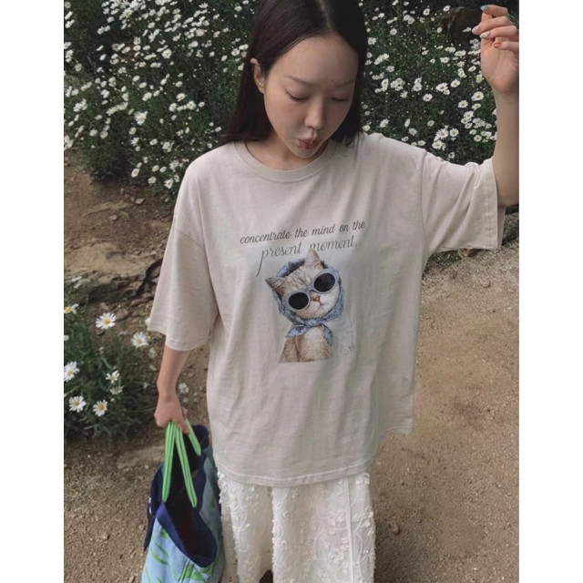 韓感墨鏡貓咪印花寬鬆落肩大T
