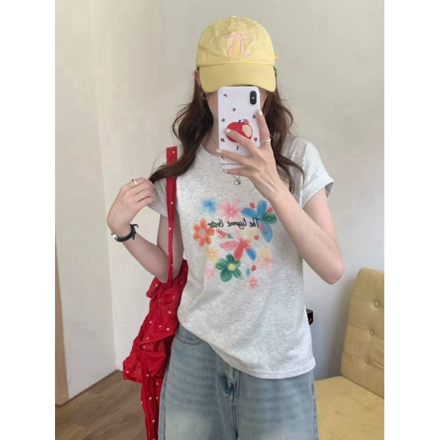 韓系彩墨植物印花圓領微袖涼爽上衣