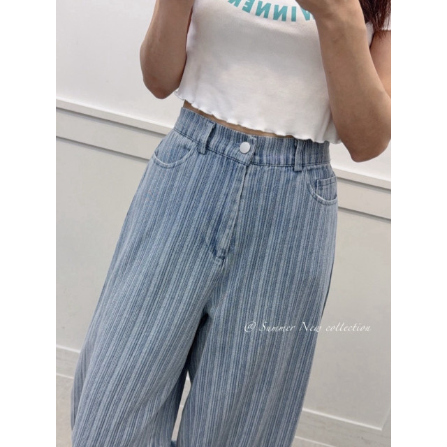 韓系率性直紋線條感後鬆緊長腿牛仔寬褲