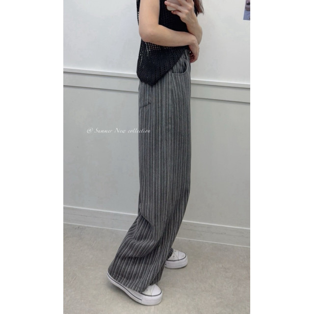 韓系率性直紋線條感後鬆緊長腿牛仔寬褲