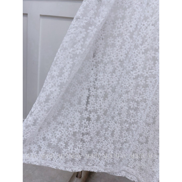 韓系疊穿滿版刺繡小花網紗細肩長洋裝