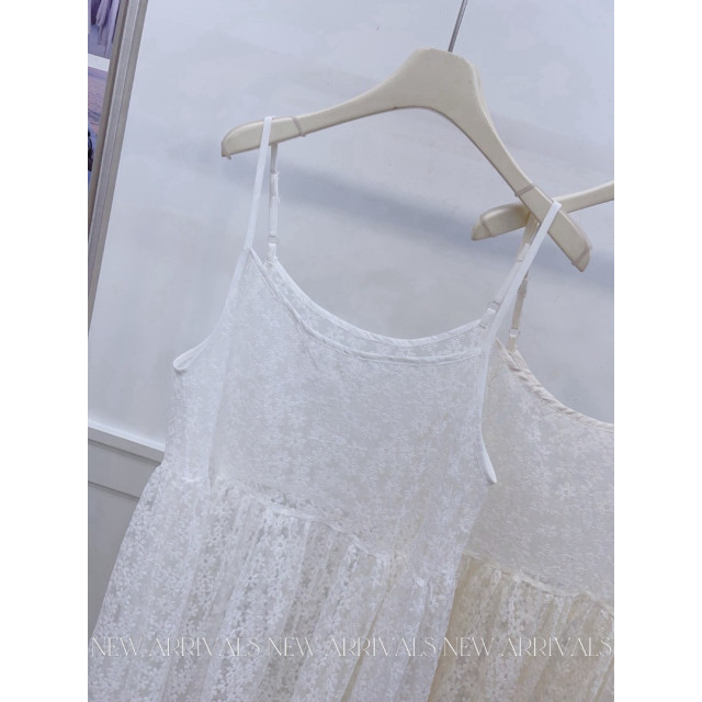 韓系疊穿滿版刺繡小花網紗細肩長洋裝