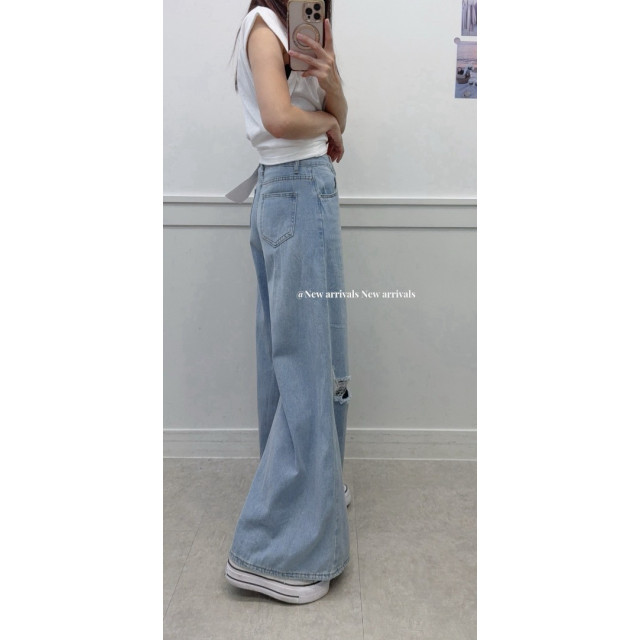 韓系時髦感刷破造型牛仔大寬褲