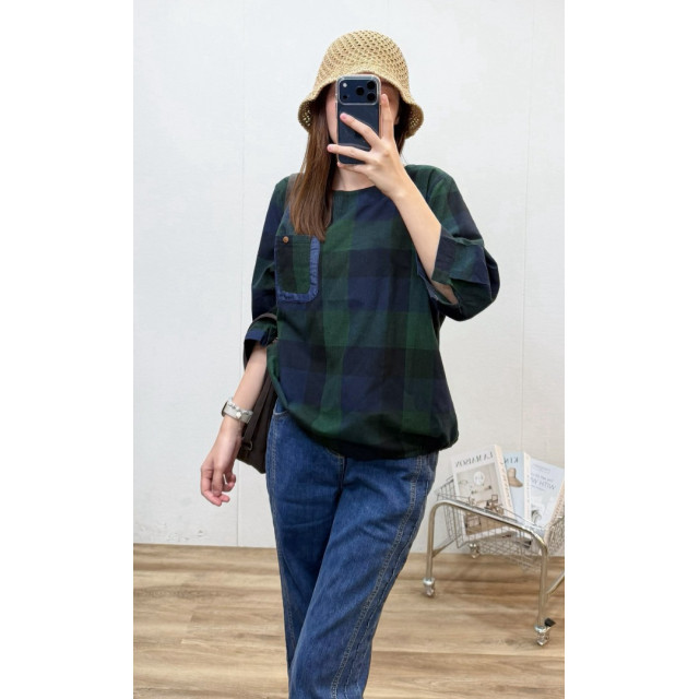 日系森感全麻格紋上衣