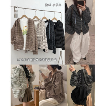 羊絨韓版雙拉鍊條紋連帽外套