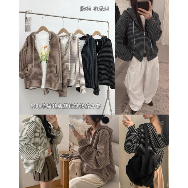 羊絨韓版雙拉鍊條紋連帽外套